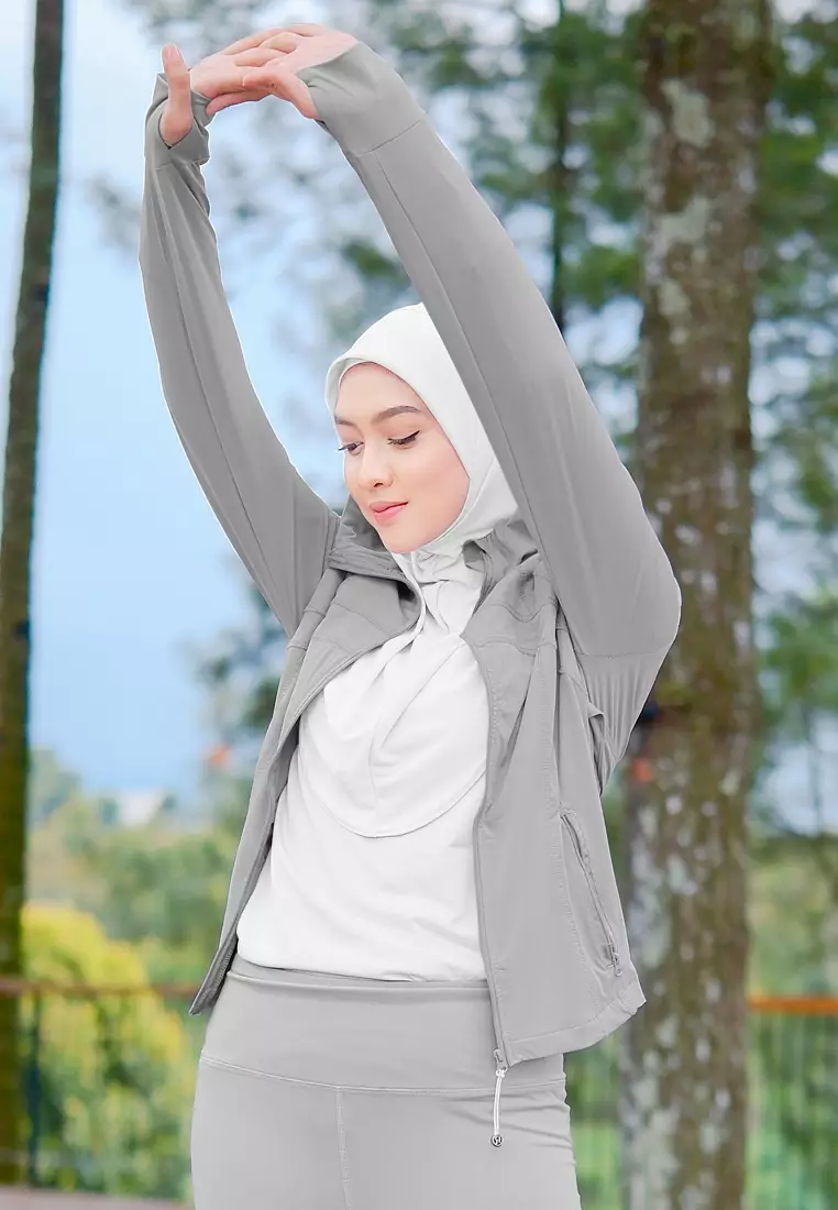 Zelena - Clemen Hoodie Fit | Jaket Olahraga Wanita Slim Fit Anti UV Gym Yoga Pilates - Stone Grey