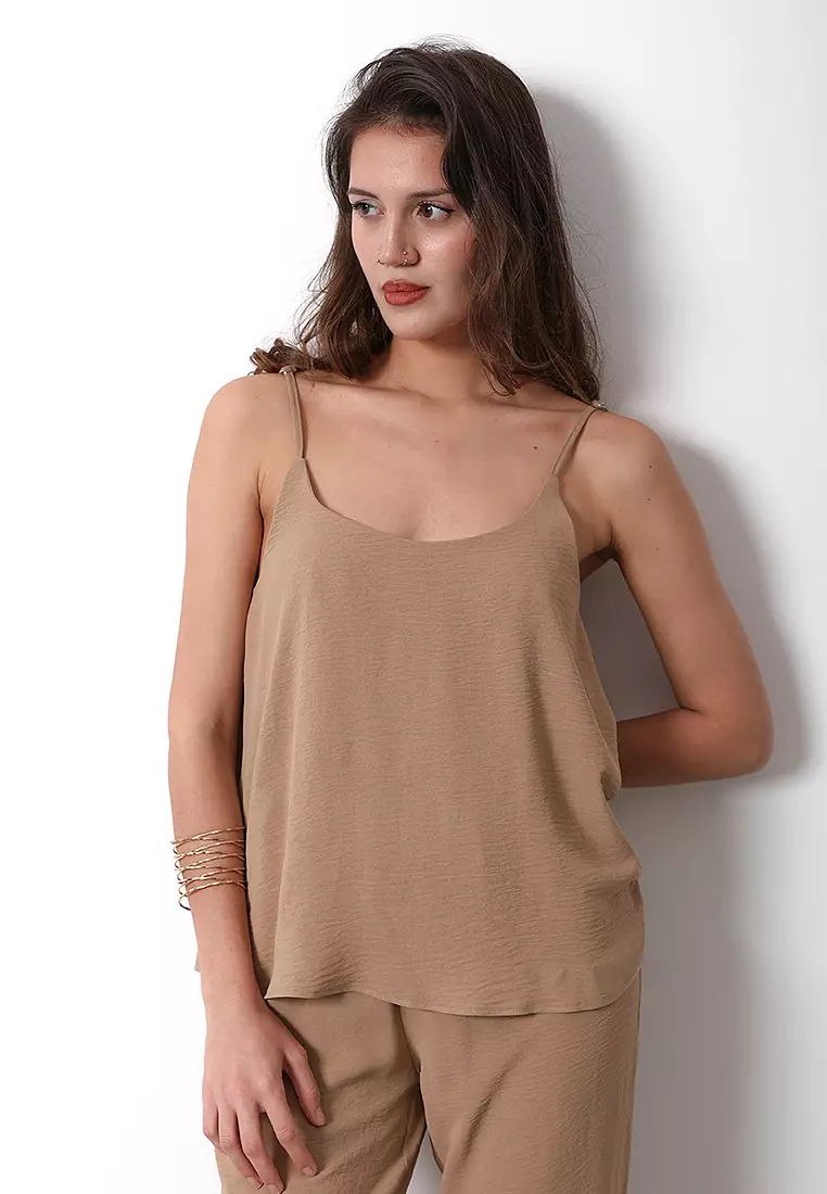 Brown Woven Strap Blouse Top Bottom Set
