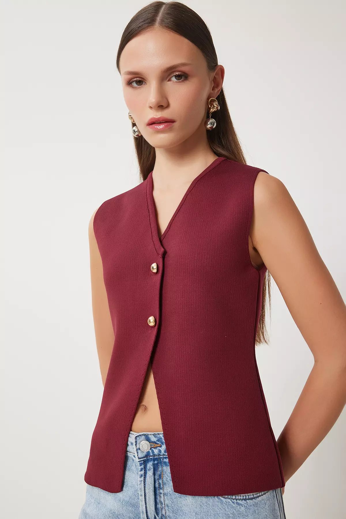 Women'S Burgundy V-Neck Stylish Buttoned Knitwear Vest Us00943