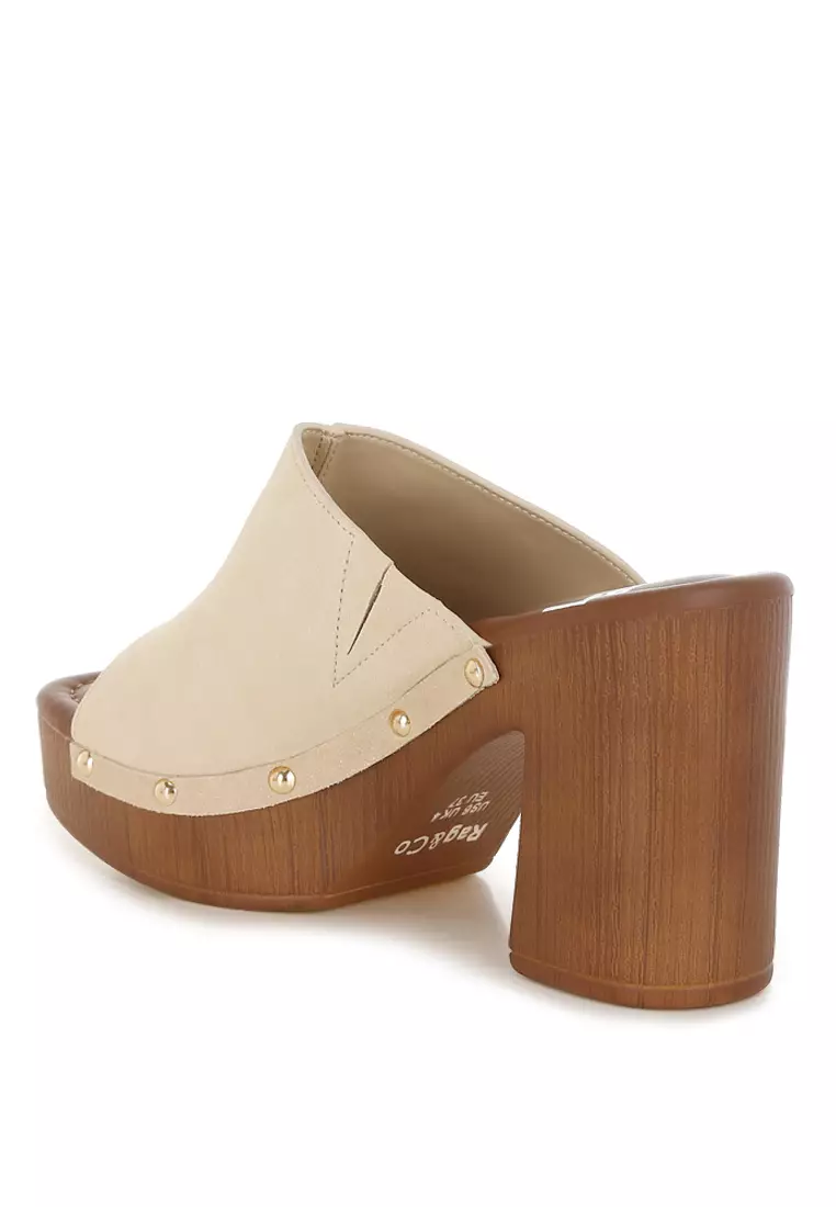 Soft Suede Leather Wooden Clogs In Beige