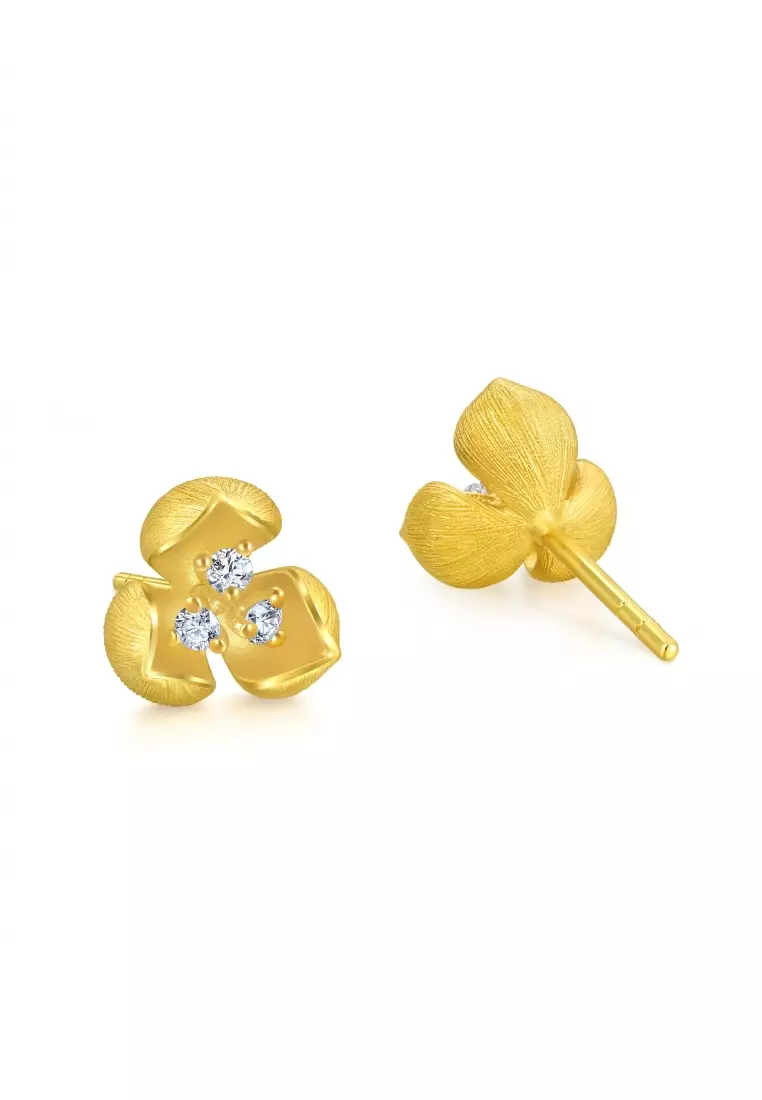 999 24K Solid Gold Cultural Blessings Blossom Stud Earrings with Diamonds for Women 95404E