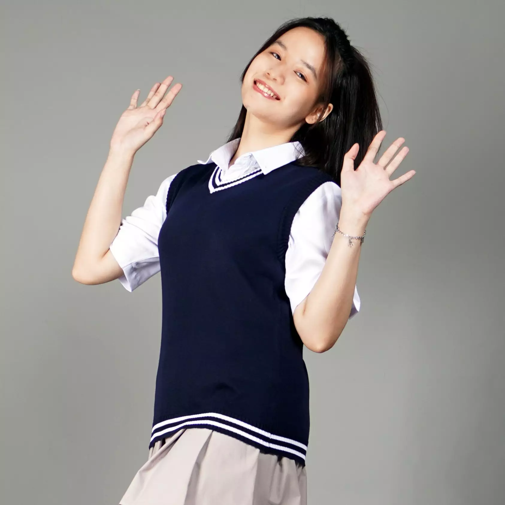 VICKY Rompi Rajut List Putih Rompi Navy Rompi Wanita Knit Vest - NAVY