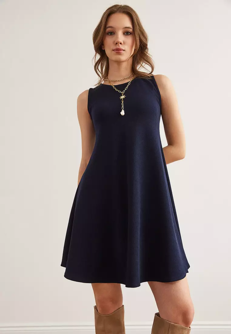 Crew Neck Flared Knitted Crepe Dress