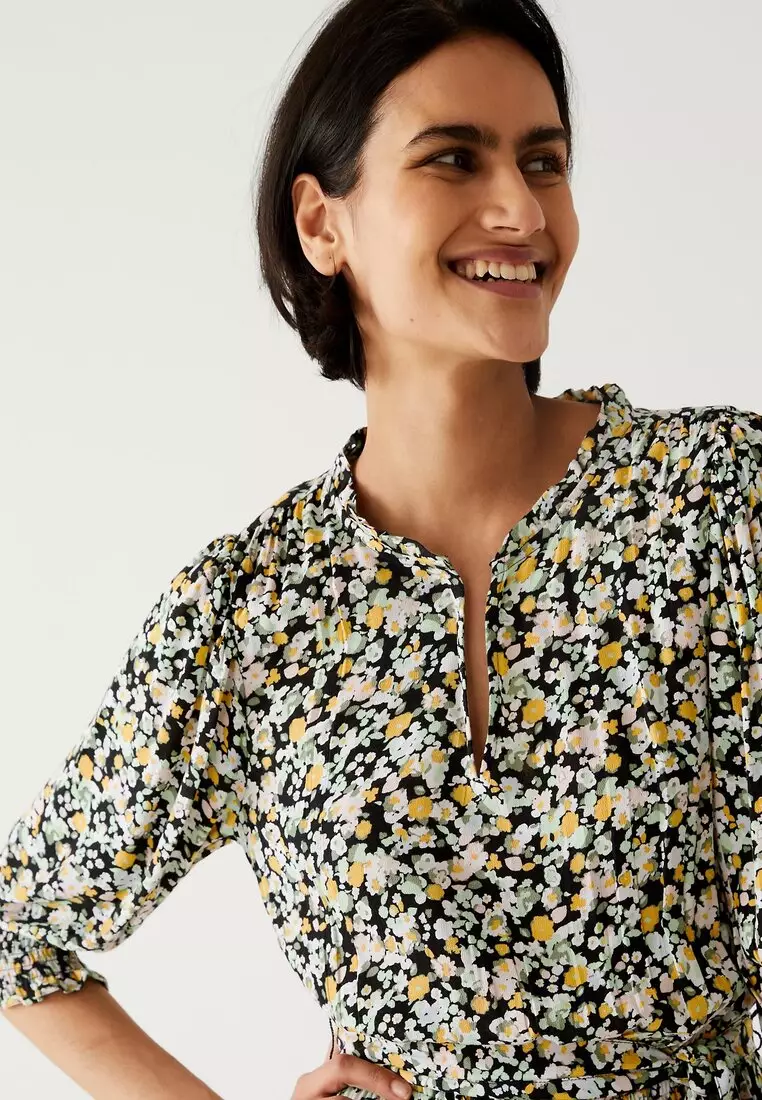 Printed V-Neck Midi Waisted Dress