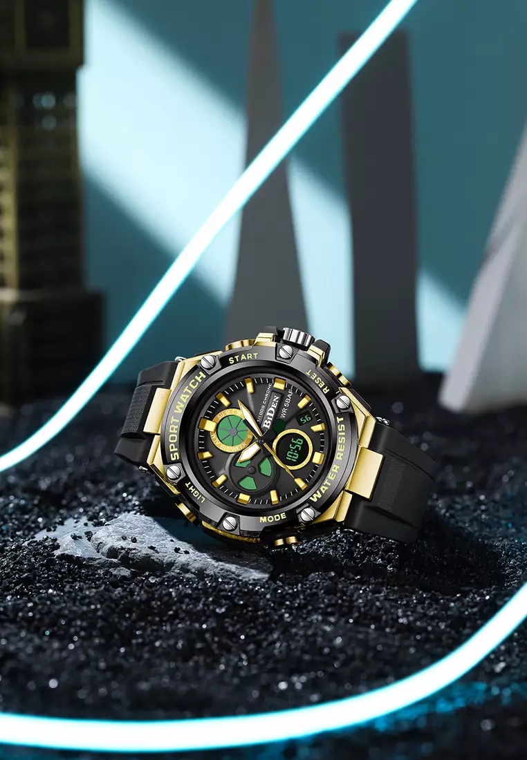 Jam Tangan Pria Original Digital&Analog Bercahaya  Anti Air Alarm Tali Silikon Jam Tangan Cowok Olahraga gold