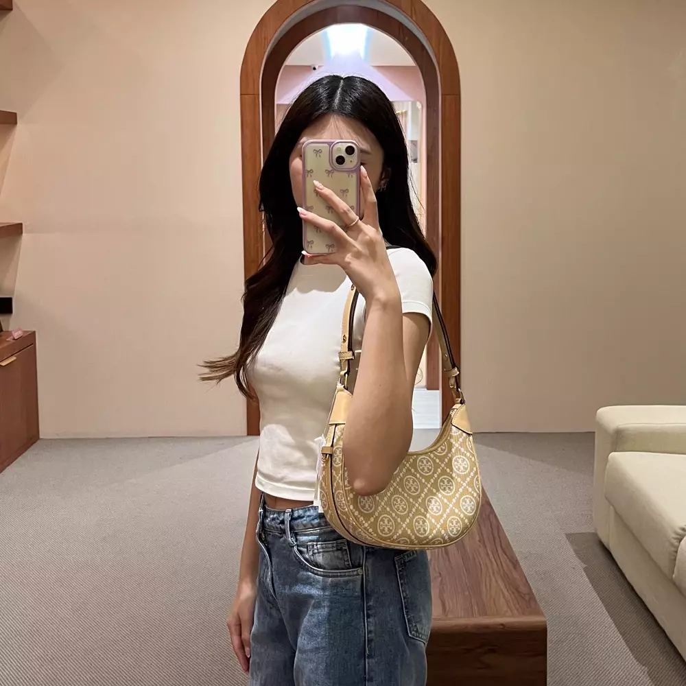 Tas TORY BURCH CRESCENT MONOGRAM WHITE BEIGE RUFFLE SHOULDER BAG 100% ORIGINAL