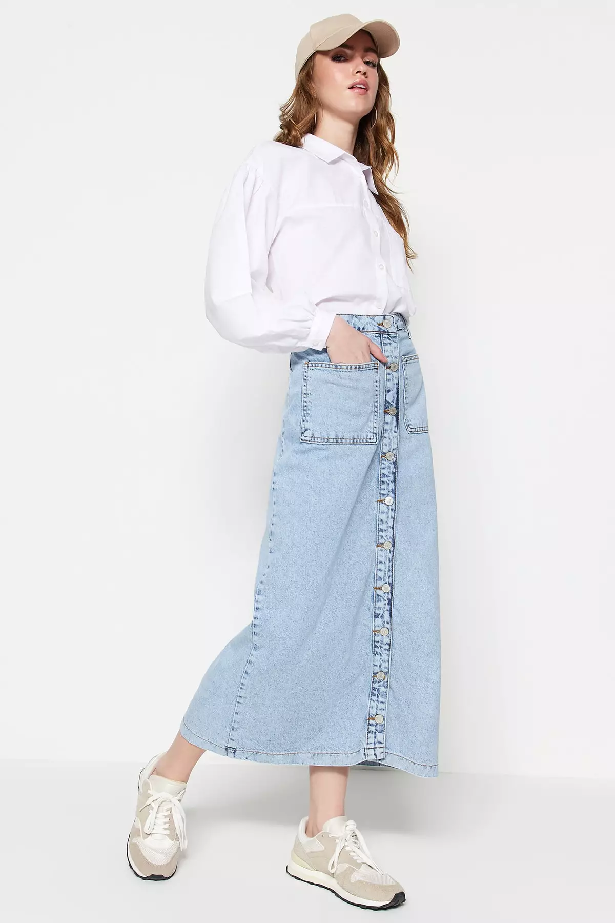 Double Pocket High Waist Denim Skirt