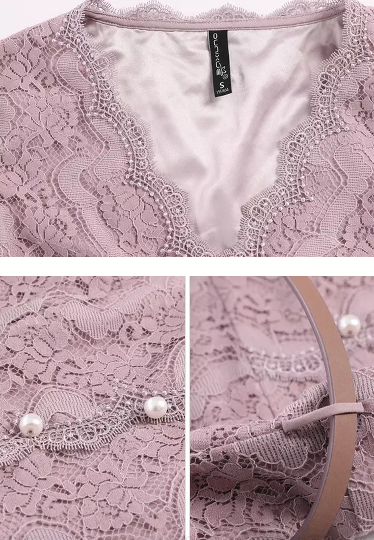 Buy ONX.HK Elegant Lace V-Neck Long Sleeve Dress (With Belt) 2024 ...