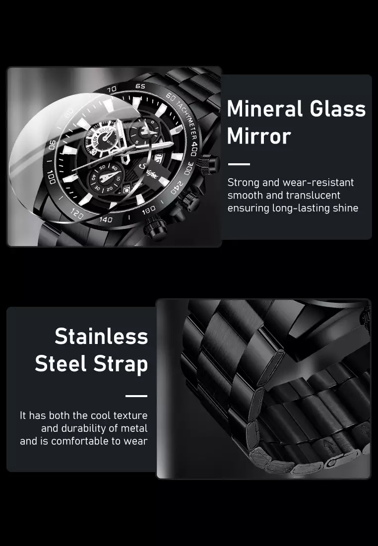 Jam Tangan Pria Quartz Kalender Bercahaya Olahraga Tali Stainless Steel Jam Tangan Cowok SL3321 allblack
