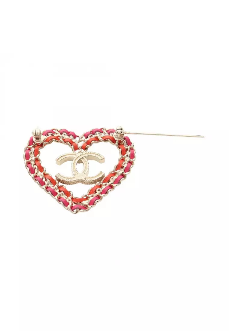 Chanel Pre-Loved Chanel coco mark heart brooch GP leather gold
