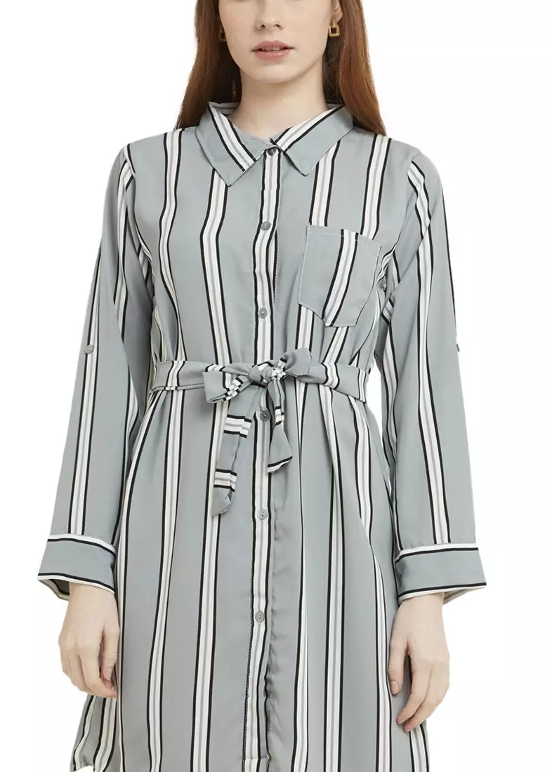 Mini Dress Chic With Belt Lengan Panjang Garis Dual Tone Color Baju Wanita - Grey