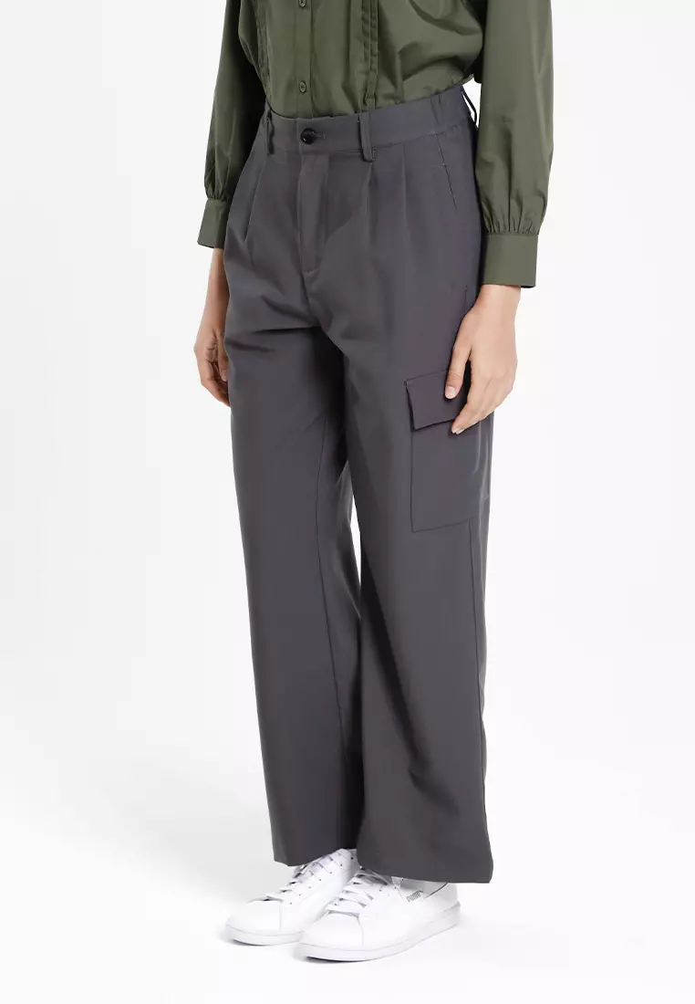 Forest Ladies Pleated Cargo Long Pants Women Wide Leg Pants | Seluar Panjang Perempuan - 810550-03DkGrey