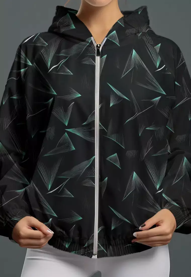 LSC92 jaket lari wanita parasut motif "triangle geometry" hitam multicolor