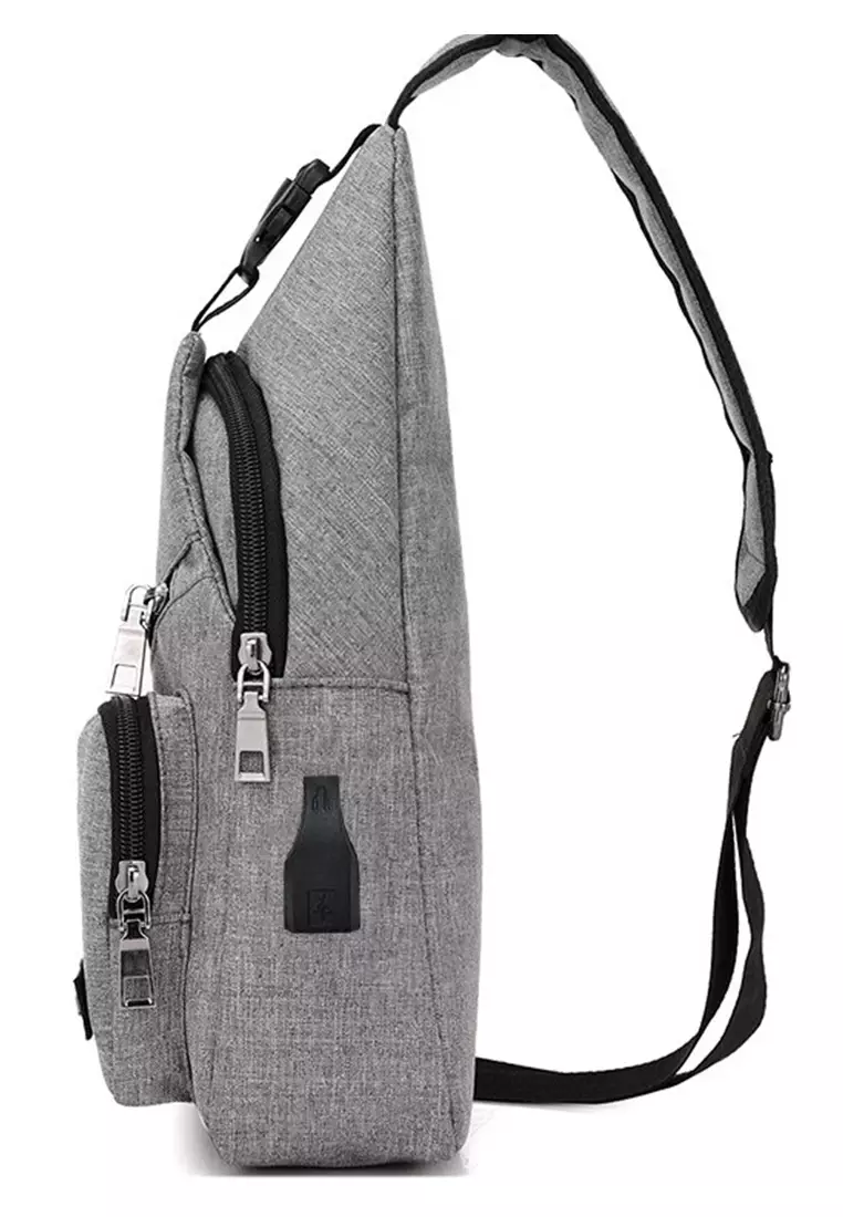 Roger Tas Selempang Fashion Pria Crossbody Bag dengan USB Charger Port Large Compartment Material Canvas ORIGINAL - Grey