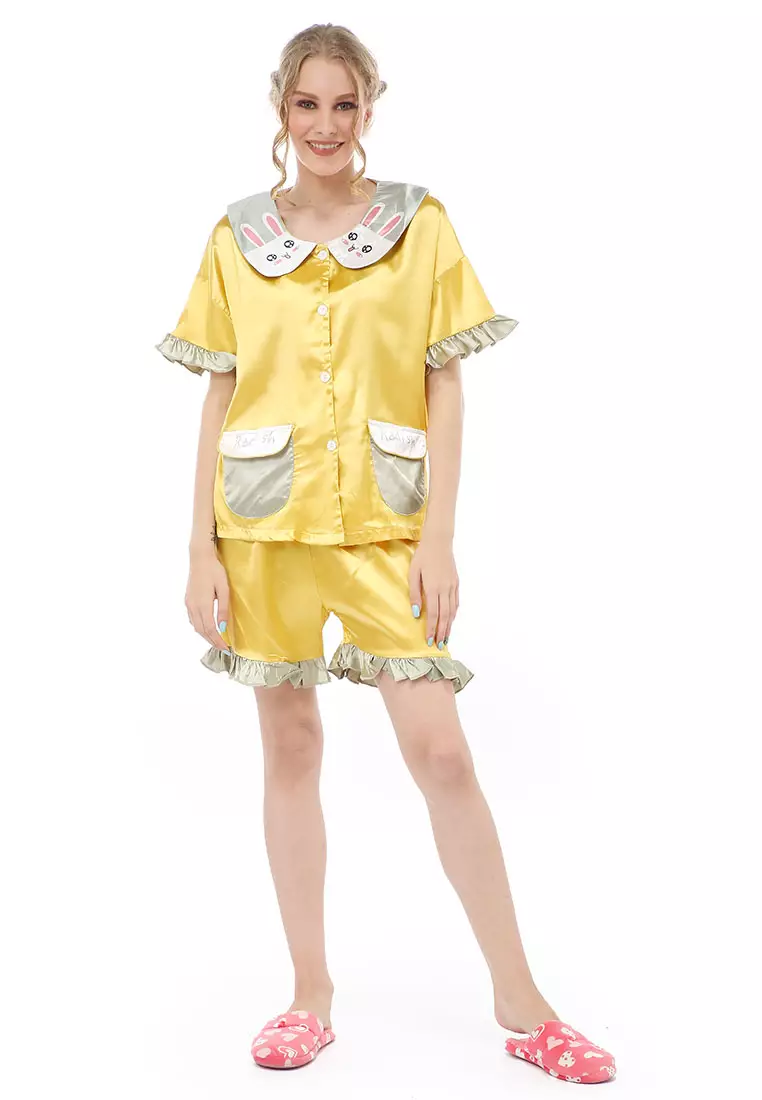 Vance Setelan Baju Tidur Wanita Lengan Pendek Motif Krab Bunny Material Satin ORIGINAL - Yellow