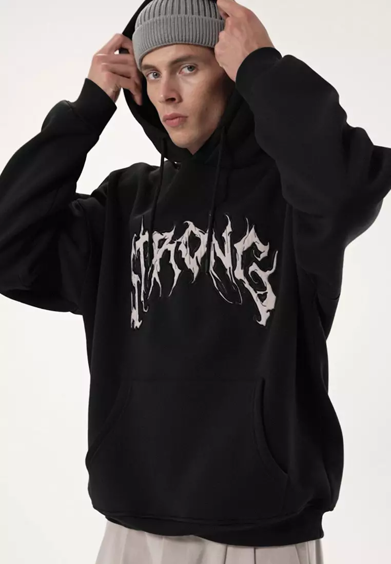 Black Oversize/Wide Cut Fleece Hooded Sweatshirt With Text Embroidery