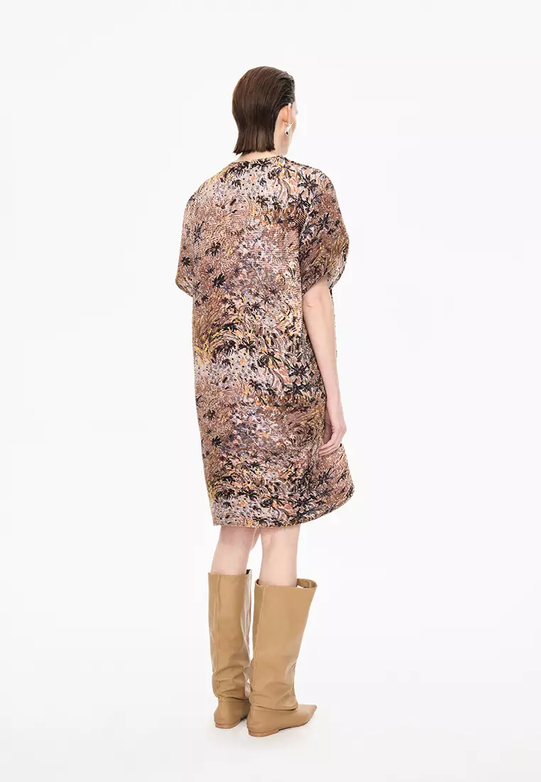 混纺图案元素A型压褶短袖连衣裙