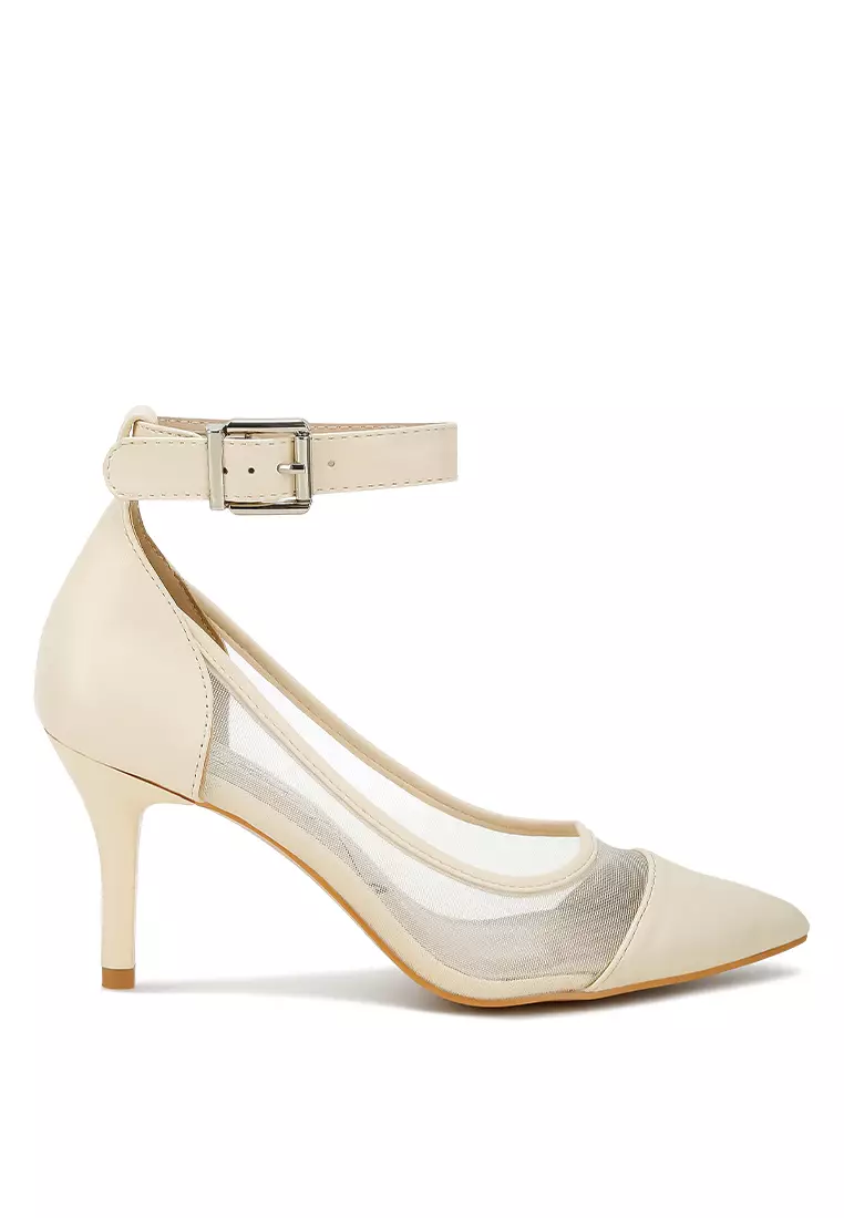Beige Pointy Toe Ankle Strap Pumps