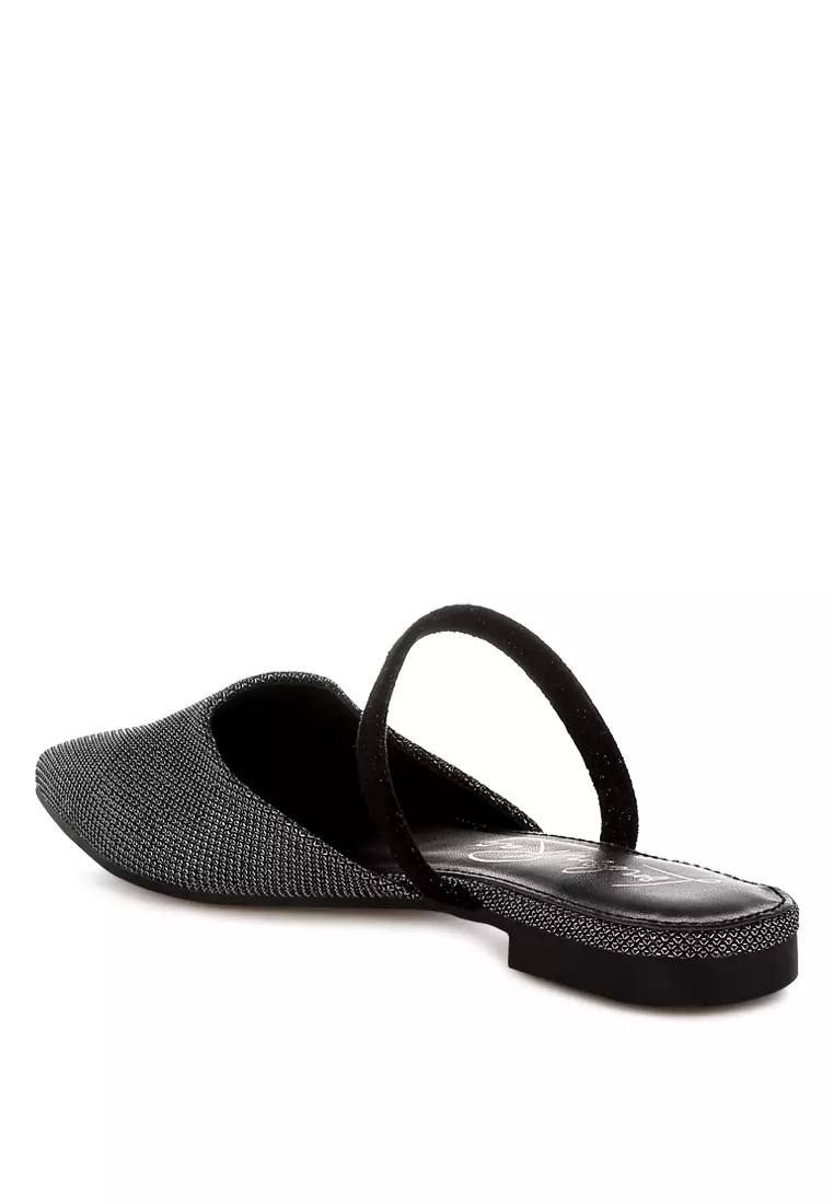 Glitter Faux Leather Flat Mules in Black