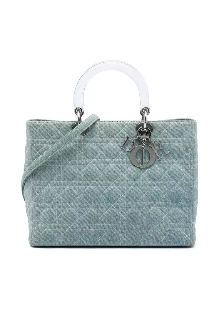 Pre-Loved Dior Large Denim Cannage Acrylic Handles Lady Dior