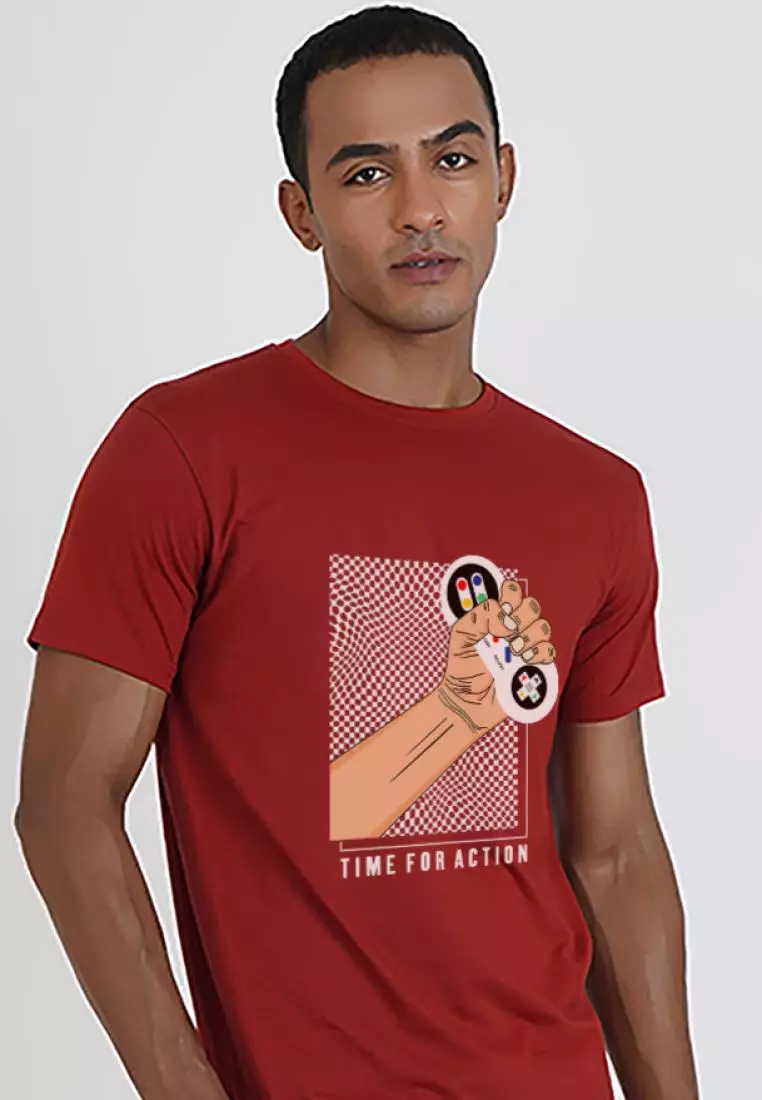 Game Action Graphic Maroon Cotton Short Sleeve Regular Fit T-Shirt