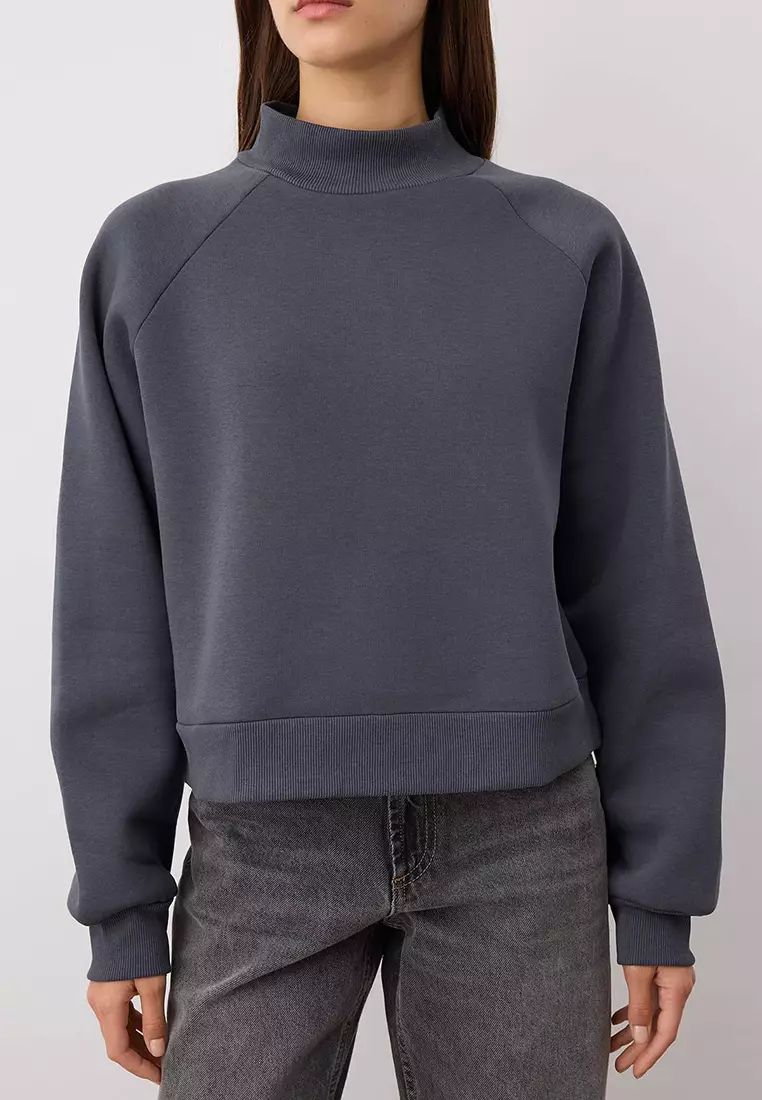 Anthracite Raglan Sleeve Oversize/Wide Pattern Thick Inside Polar Fleece Knitted Sweatshirt