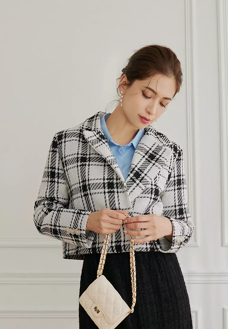 Lapel Plaid Short Version Long Sleeve Knit Suit Jacket [EA3592]