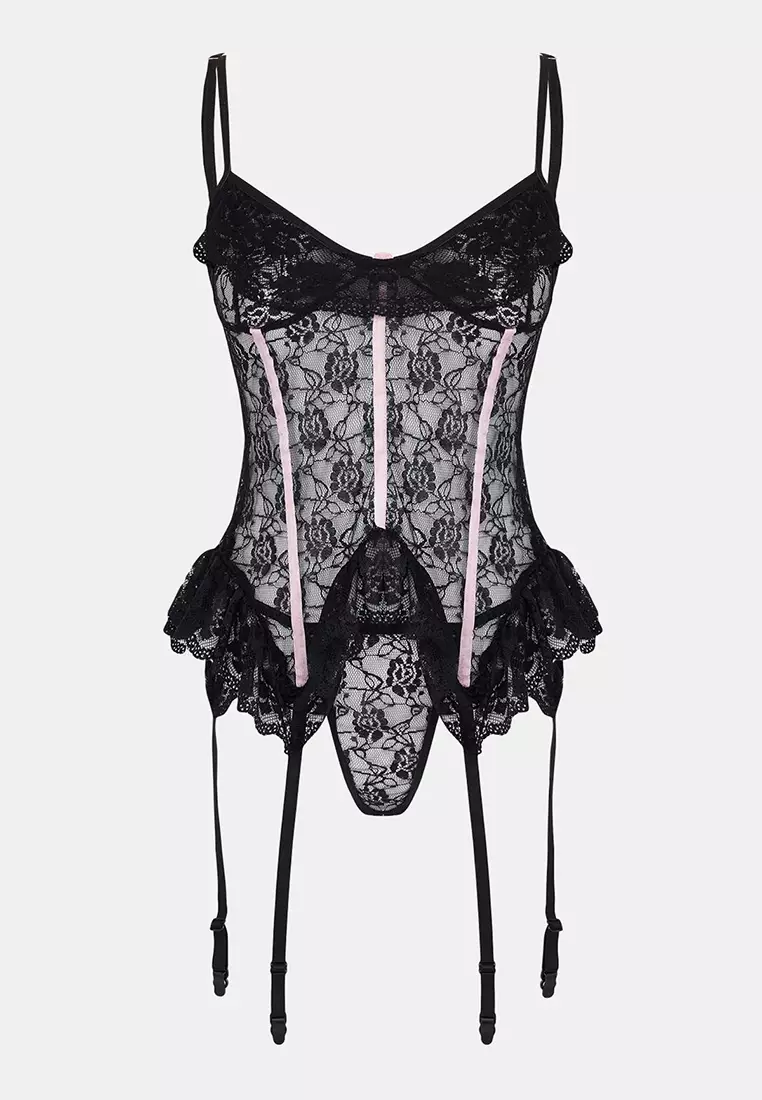 Trendyol Black Garter Belted Capless Ruffled Panty Lace Strap Babydoll ...