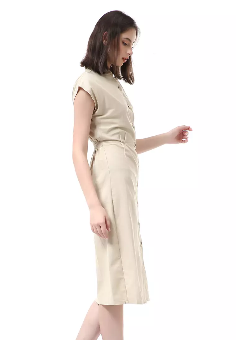 Rachel Rok Wanita Lengan Pendek Button Front Midi Dress Material Sateen ORIGINAL - Nude Brown