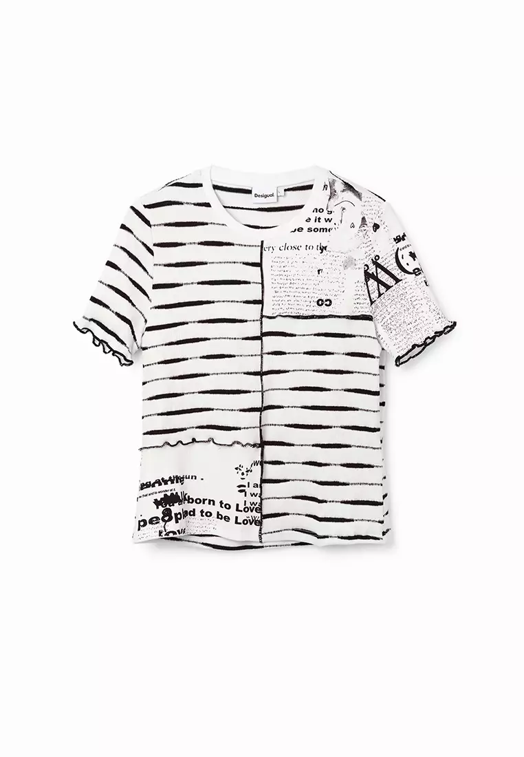 Desigual Woman Striped patchwork newspaper T-shirt.