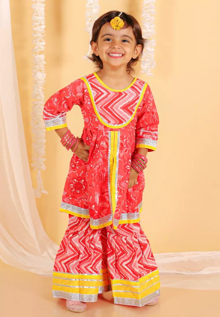 Deep Red Girls Anarkali Kurta Sharara Set
