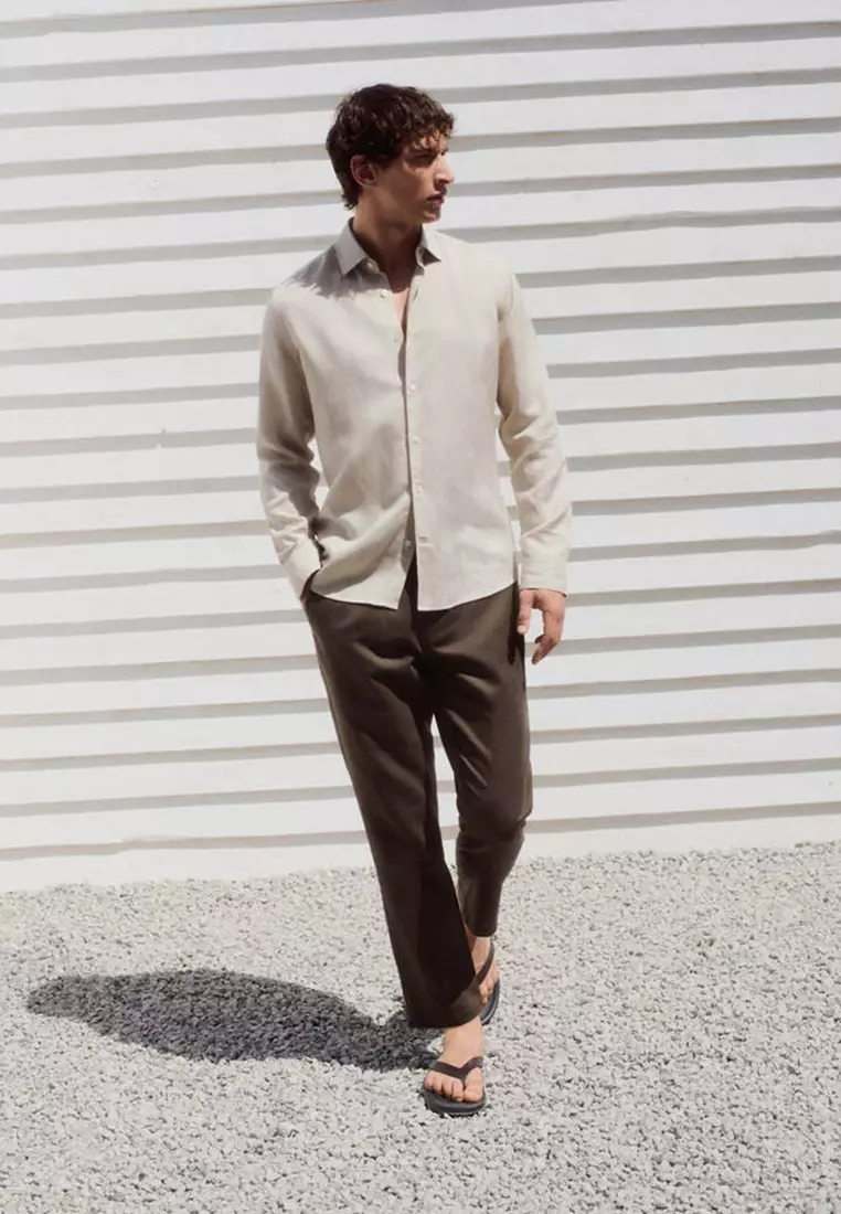 Slim Fit Cropped Linen-Cotton Trousers