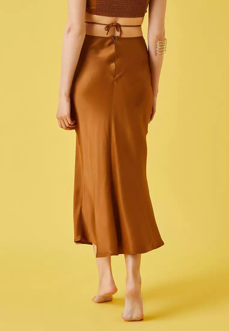 Ruched Midi Satin Skirt