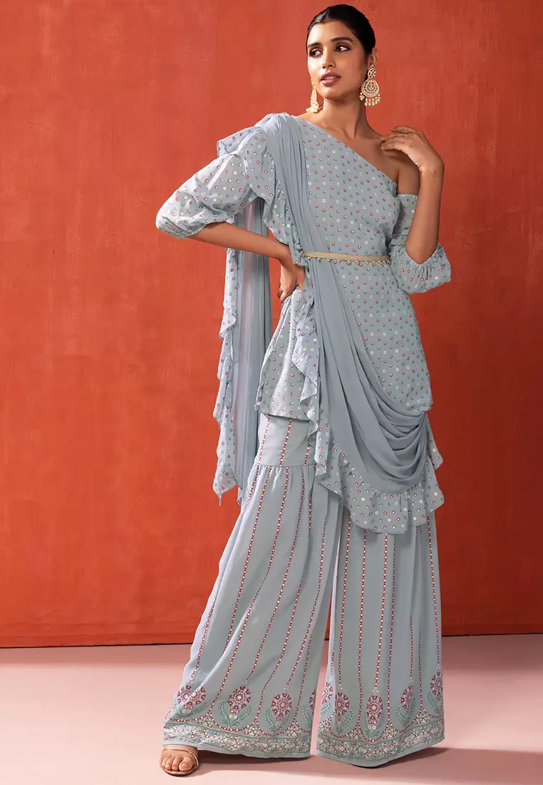 Light Blue Foil Print Sharara And Short Kurta With Attached Ruffled Dupatta And Belt (Set of 3)