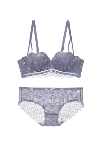 ZITIQUE grey Women's Cute Rose Pattern Lace Lingerie Set (Bra and Underwear) - Dark Grey 3A725US22A5309GS_1