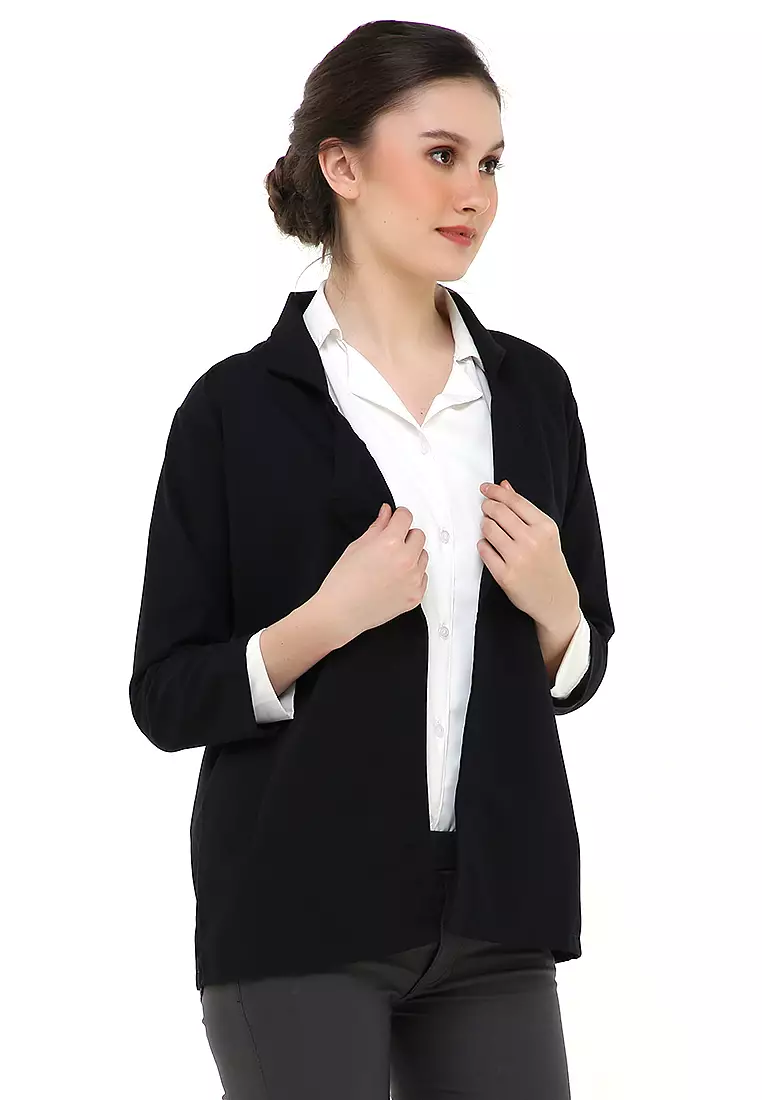 Qemsya Jas Blazer Wanita Long Outer Casual Suit Material Baby Canvas ORIGINAL - Black