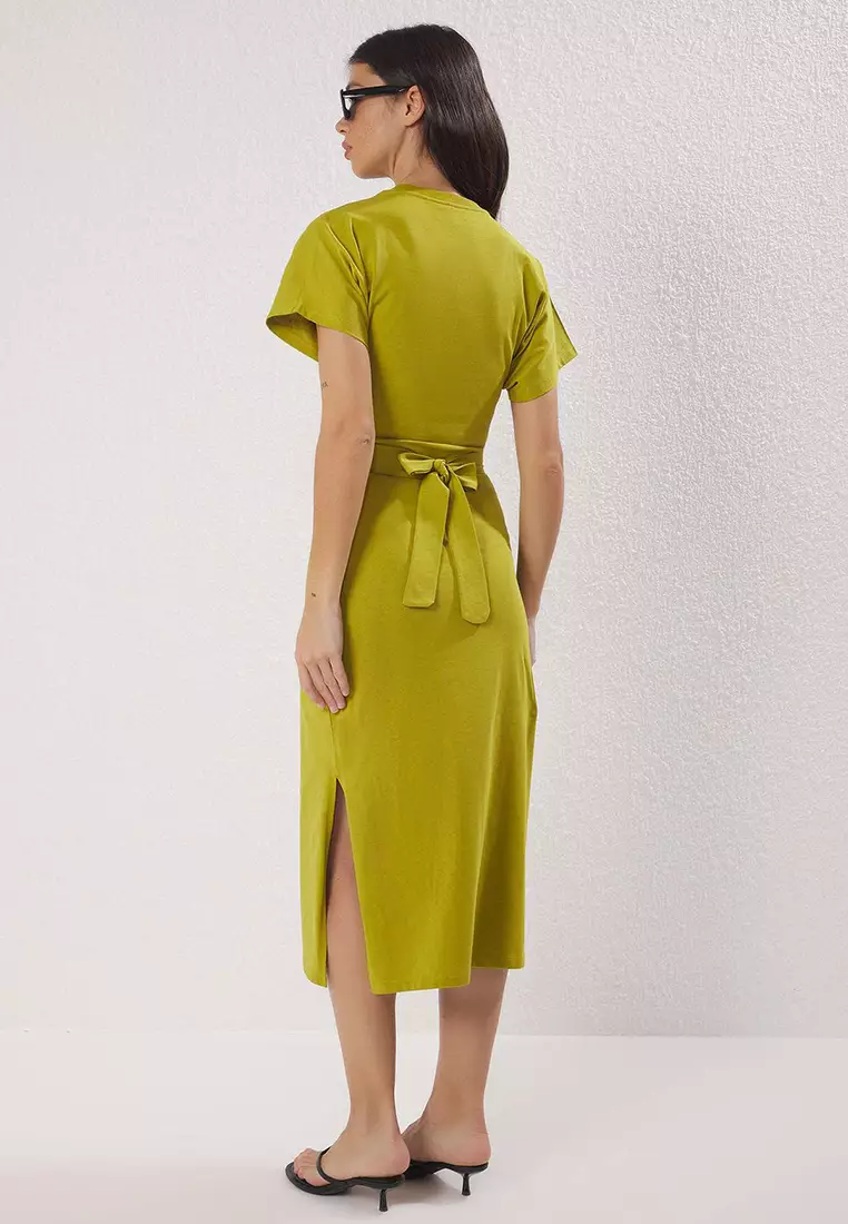 Oil Green 100% Cotton Waist Fitting Slit and Binding Detail Midi Knitted Pencil Dress Twoss21El0404