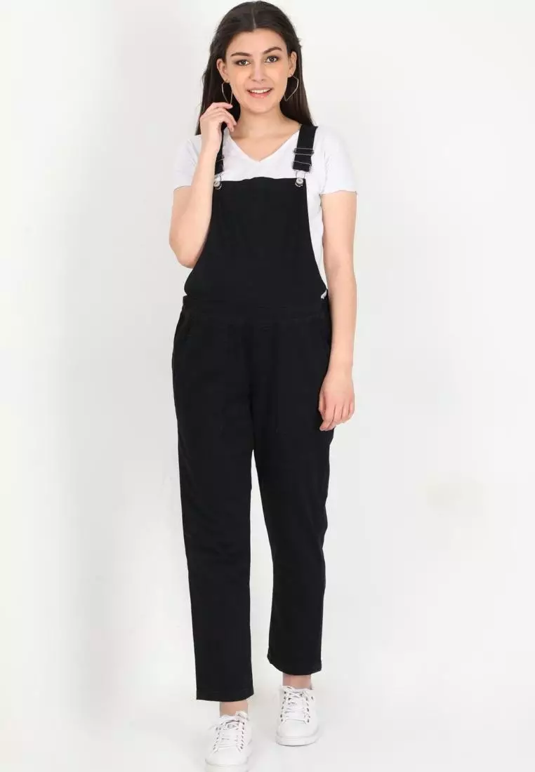 帶有彈性腰部的孕婦牛仔背帶褲 黑色