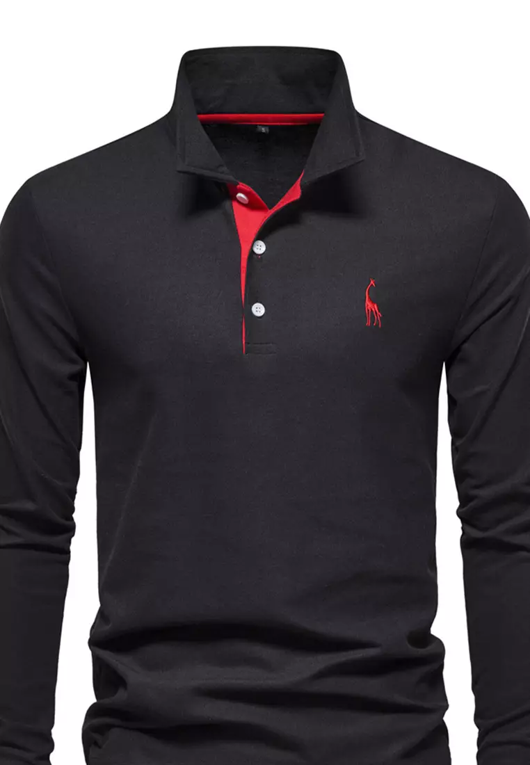 red and white long sleeve polo shirt