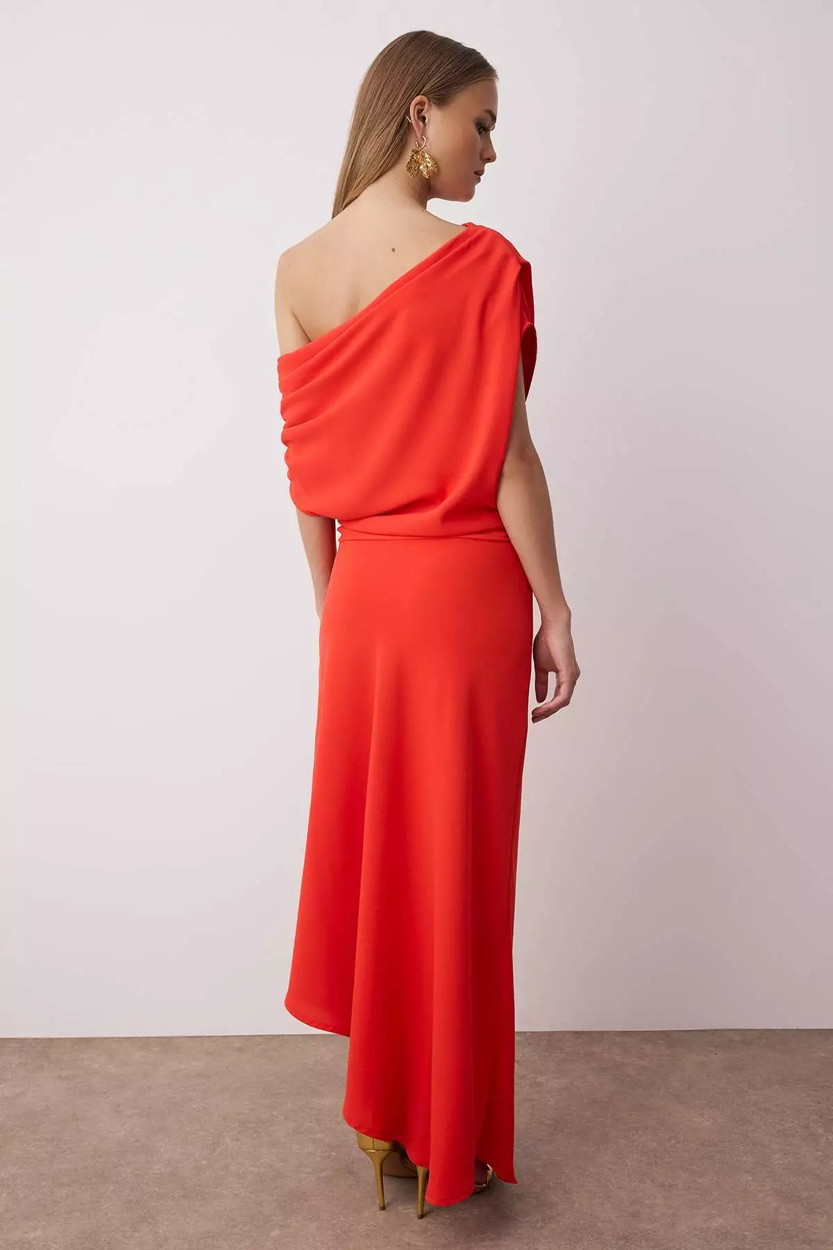 Red A Line Boat Neck Midi Stylish Dress