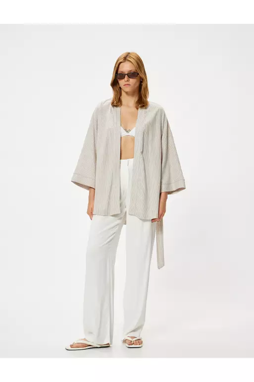 Oversize Linen Kimono Wide Long Sleeve and Belt Detail