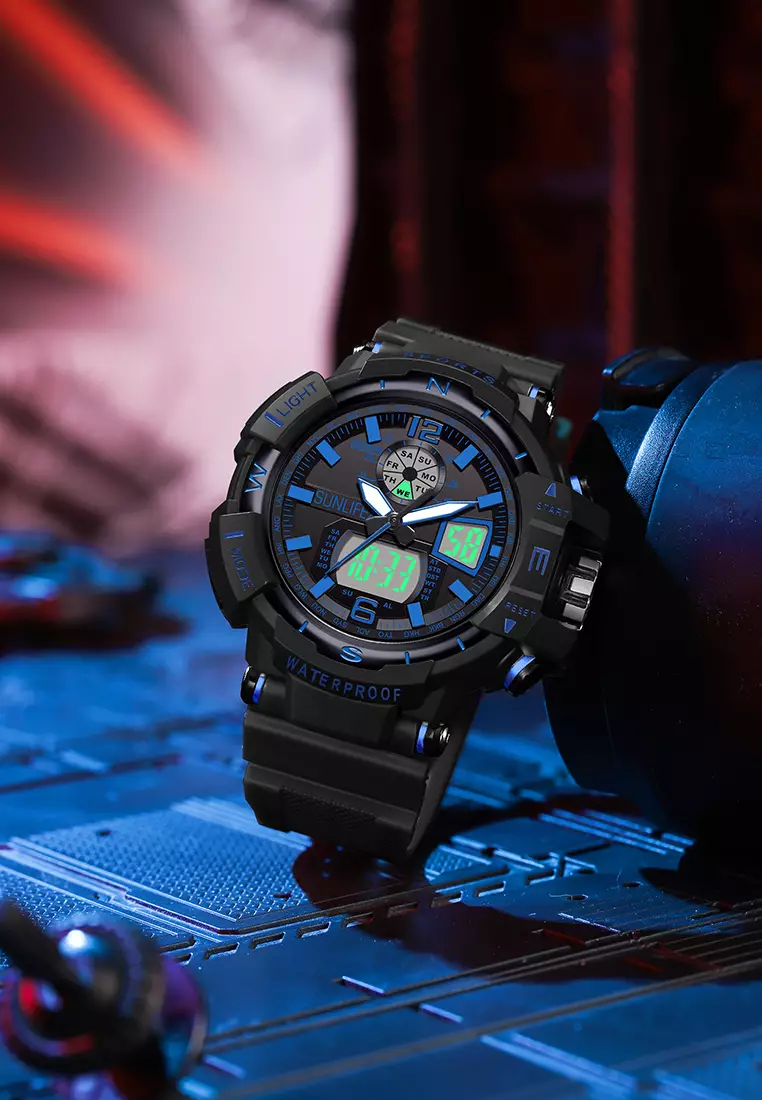 Jam Tangan Pria Digital&Analog Olahraga Bercahaya Multifungsi Alarm Jam Tangan Cowok D007 blackblue
