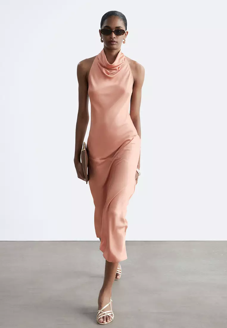 Cowl-Neck Satin Midi Dress