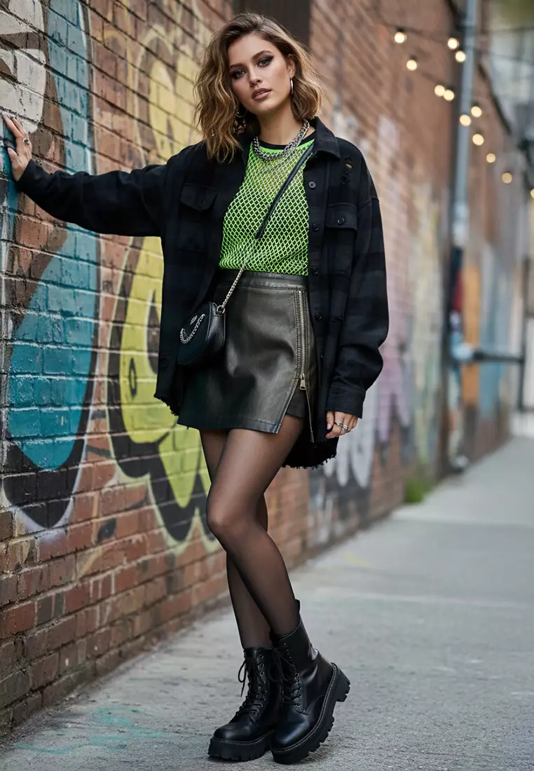 棕色拉鍊細節人造皮革裙褲