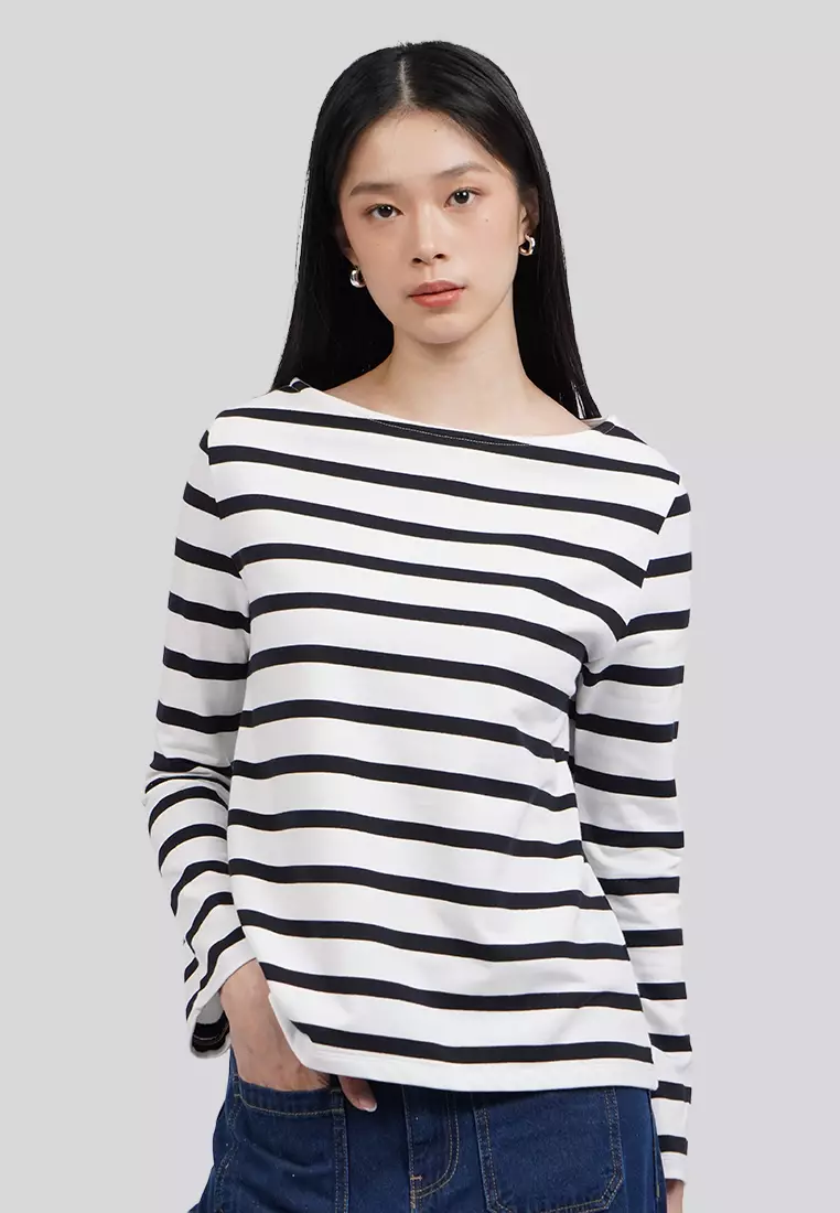 Boat Neck Stripes Long Sleeve Top