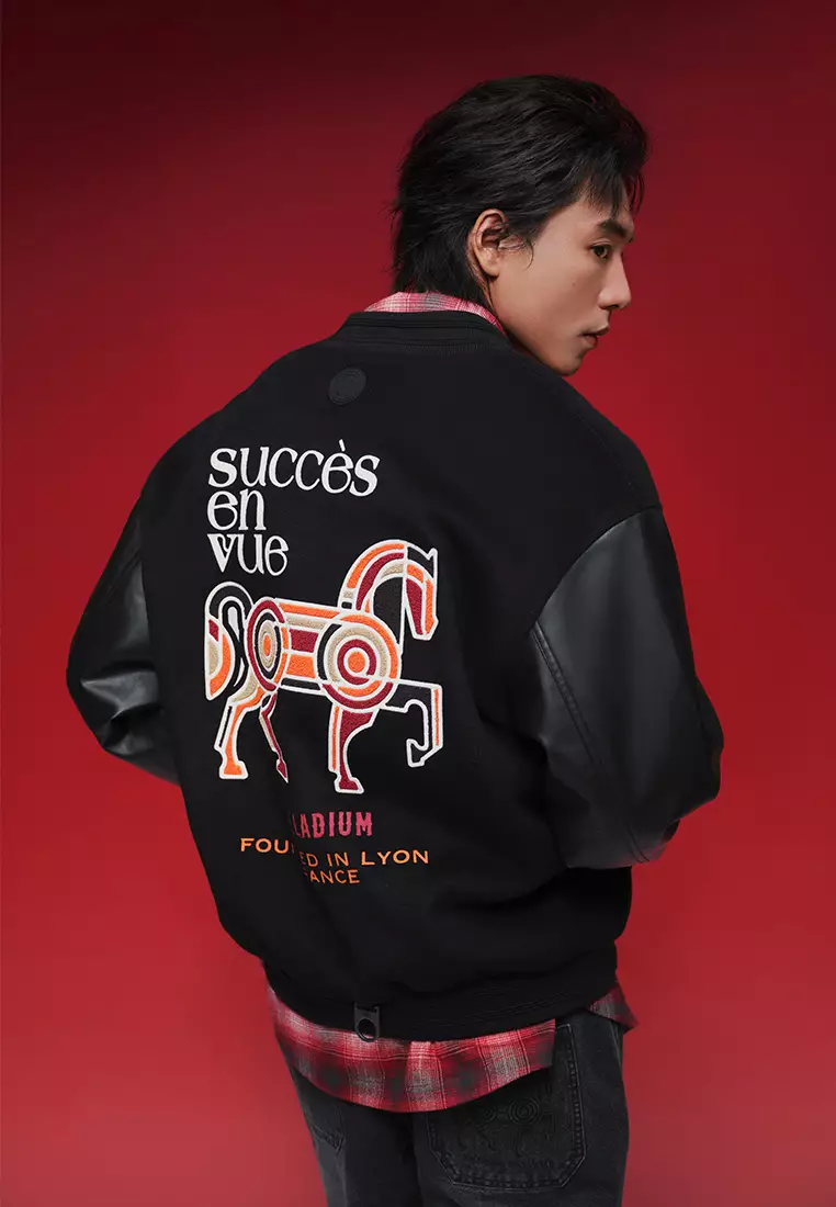 男裝馬年主題LOGO寬鬆毛呢混紡棒球外套