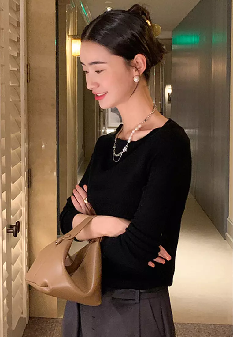 F/W 新款綿羊毛針織修身長袖女士上衣 A22090710BK