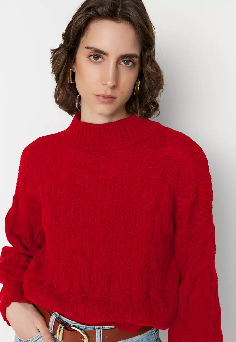 Red Crop Stand Collar Knitwear Sweater