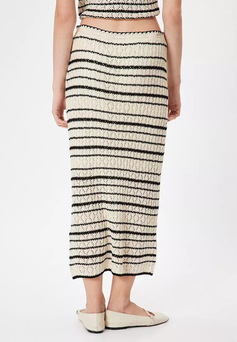 Detailed Openwork Striped Knit Midi Skirt