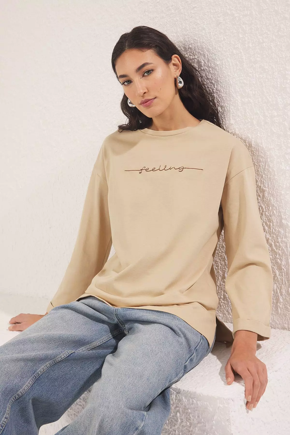 Beige Jersey Print Text Detailed Knitted T-shirt TCTSS25RT00002